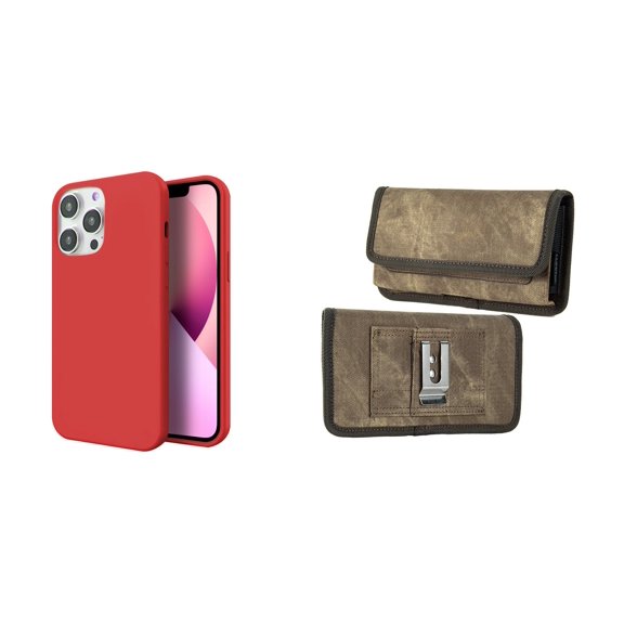 Slim Silicone Case and Belt Holster Pouch for iPhone 14 Pro Max (Red/Brown)