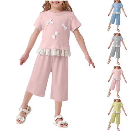 Asxite Girls 2-10 Years Short Sleeve Bow Knot Tops with Elastic Waist Pants 2 Piece Outfit Set Pink 5-6 Years