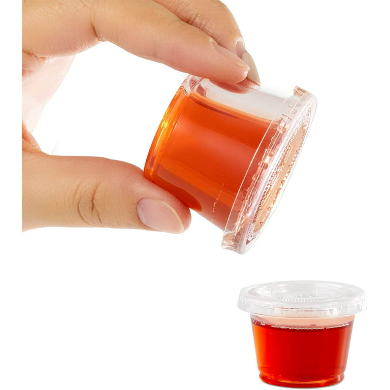 Mini Clear Plastic Jello Shot & Condiment Sauce Disposable Cups with Lids  for Restaurants, Party Supplies, Dips, Souffle (1 Ounce, 125 Pack)