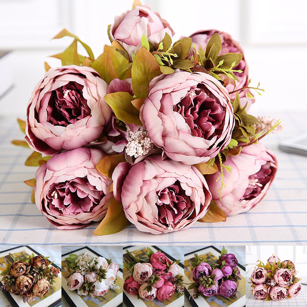 A Bunch Artificial Silk Peony Fake Rose Flowers Bouquet Home Wedding Party Decor 