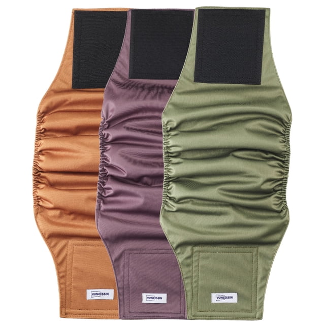 pañales para perros vuncessin lavables y reutilizables para perros machos m multicolor — tres bandas para el vientre M de frente en fila, silueta alargada con frunces elásticos laterales, cierre rectangular de velcro negro de doble costura, forro caqui visible y etiqueta VUNCESSIN; tela exterior en naranja, morado y verde; adecuado para incontinencia, marcaje y viajes, y a menudo usado como refuerzo para entrenamiento de cachorros.