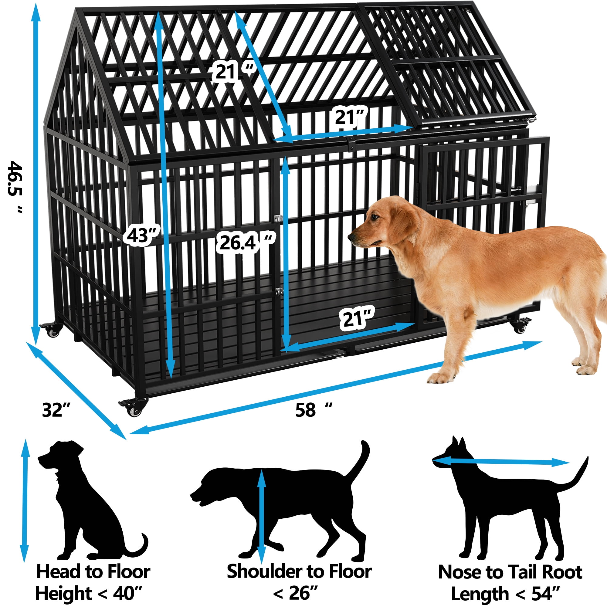 Heavy Duty Dog Crate 58 inch Indestructible Pet Dog Cage Crate Kennel with Roof Top 2 Doors Removable Trays, Lockable Wheels Escape-Proof for High Anxiety Large /Extra Large Dogs Breeds