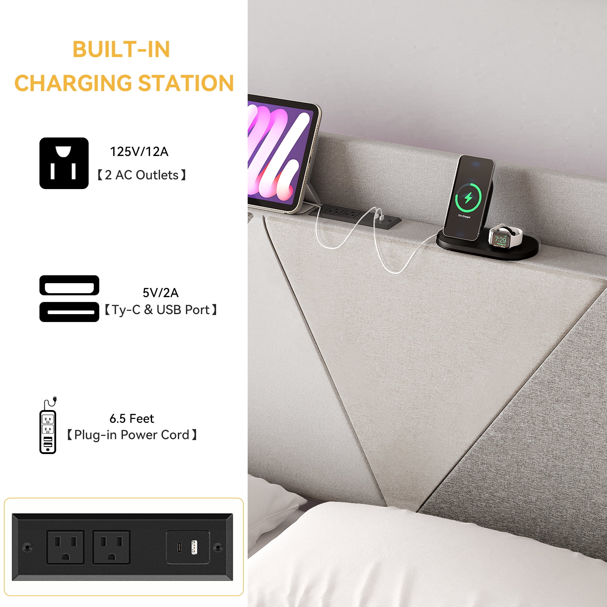 Dextrus King Size Bed Frame with Integrated USB Ports, No Box Spring Required,Grey