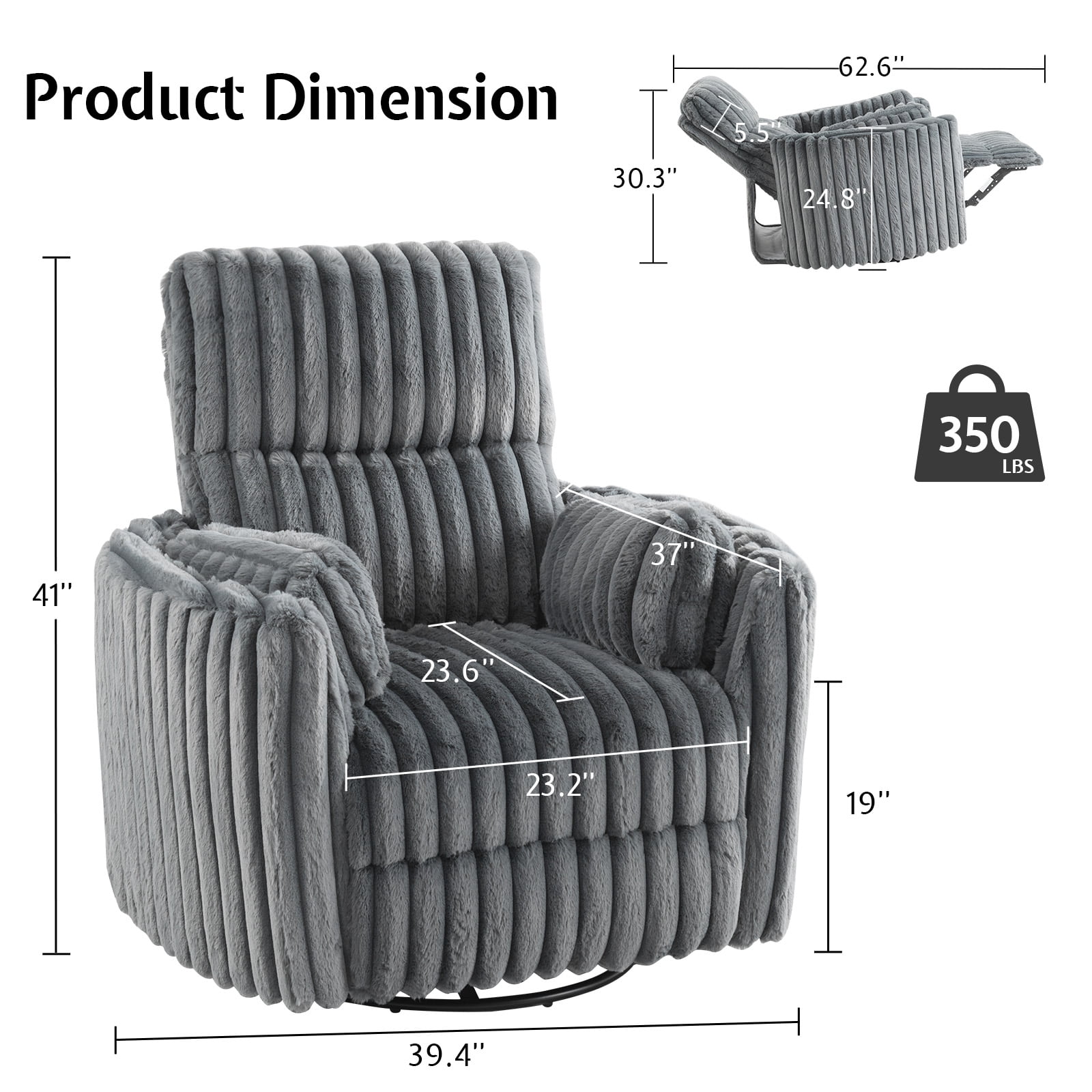 Merluxy Power Swivel Recliner Chair with USB Charging & 2 Pillows, Glider Rocker for Nursery and Living Room, Grey Corduroy