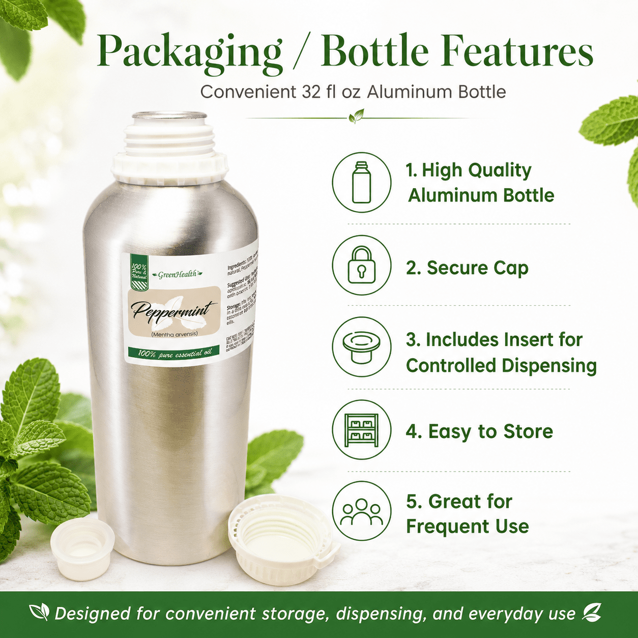Peppermint Essential Oil - 32 fl oz - Aluminum Bottle w/ Locking Cap - GreenHealth