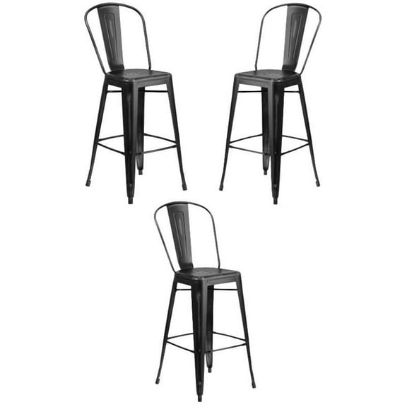Home Square 30" Metal Curved Slat Back Bar Stool in Distressed Black - Set of 3
