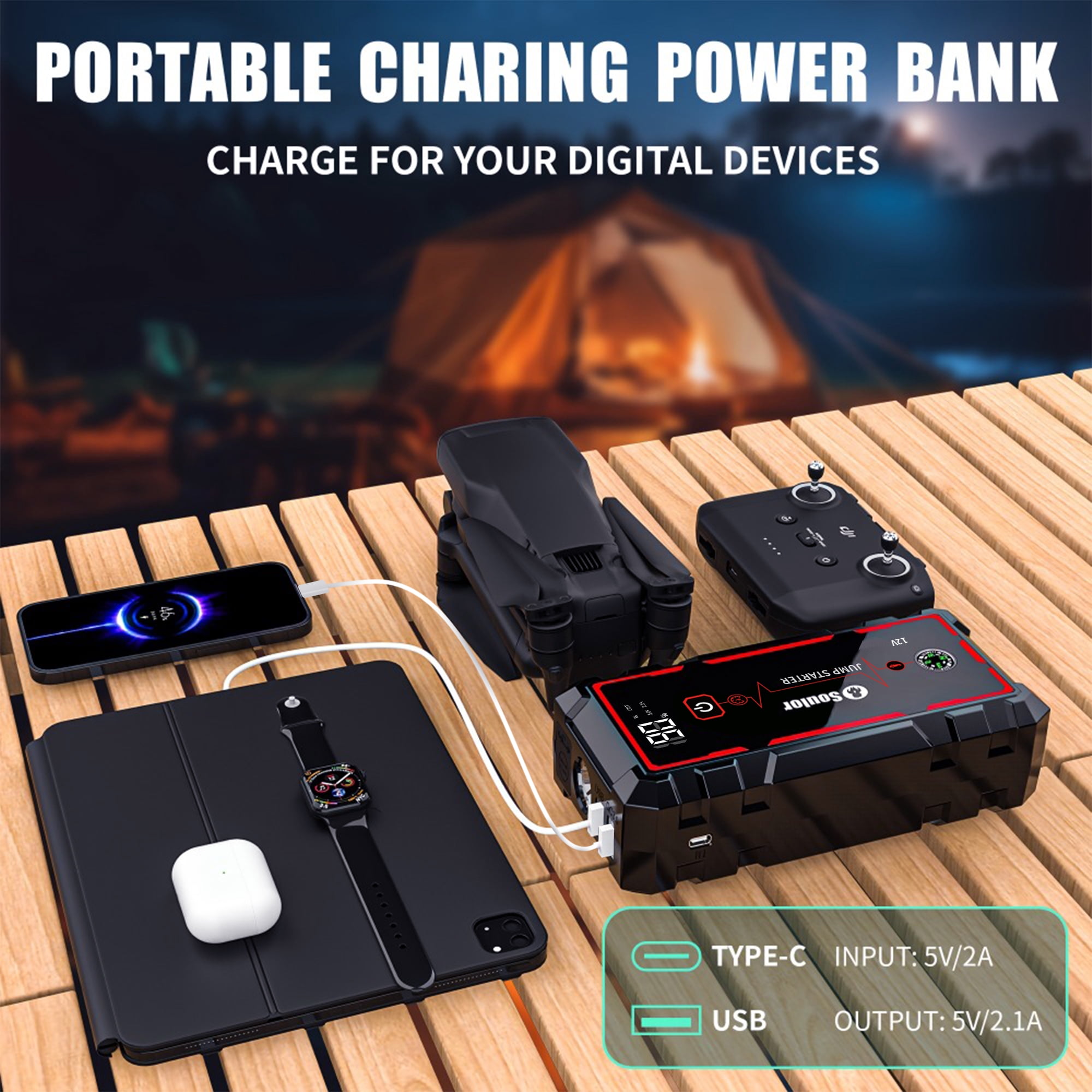 Jump Starter 3000A for 8.0L Gas 4.0L Diesel 12V Lithium Jump Box, Portable Power Bank with Emergency Light
