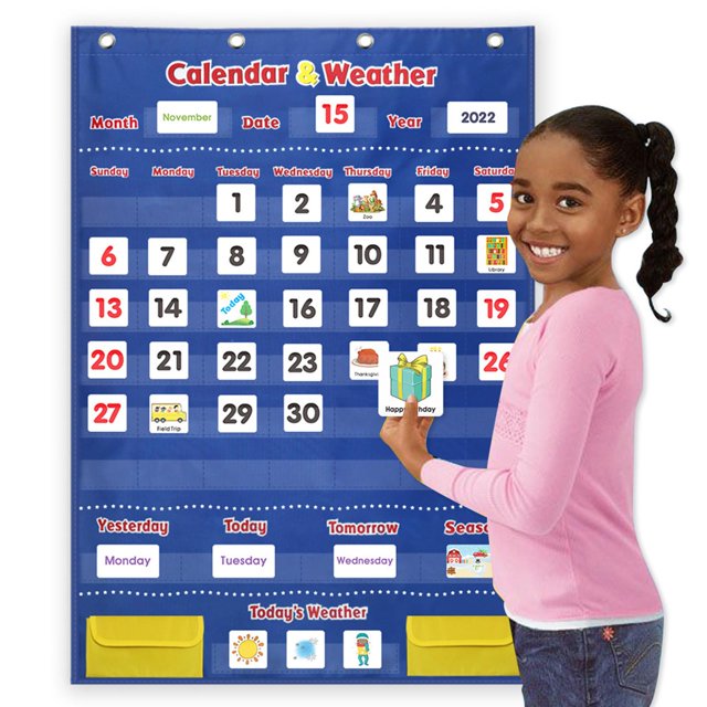 Calendario y gráfico de bolsillo del tiempo, juguete de educación temprana con kit de 4 ganchos para la pared de la escuela en el hogar niños pequeños Baoblaze Gráfico de bolsillo del calendario