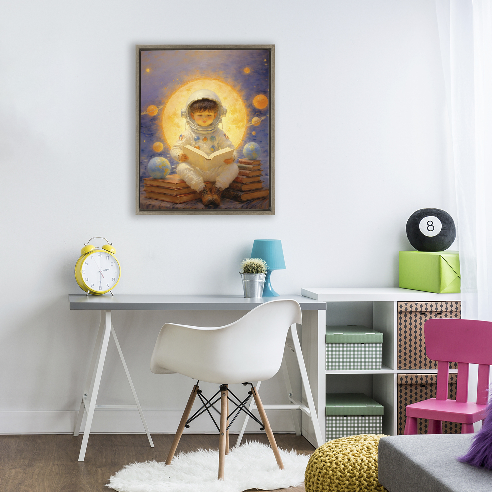 Astronaut Child Learning Brown Framed Floater Canvas Wall Art, design by Angie Hawke