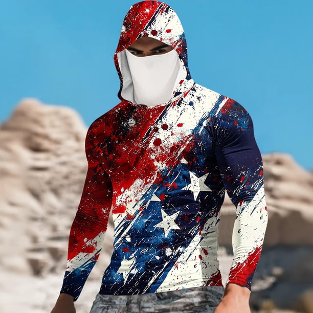 Ceisia Diagonal Splatter Flag Print Hooded Top Men's Slim Fit Long Sleeve UV Protective Face Mask Shirt Multicolor S Gifts