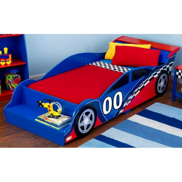 KidKraft Voiture de Course Basse Robuste Lit pour Enfants et Tout-Petits avec Banc, Bleu