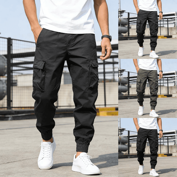 Men's Casual Solid Color Cargo Joggers Elastic Waist Sweatpants Drawstring Tapered Pants with Pockets