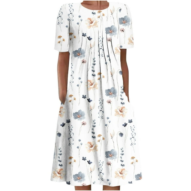 QIPOPIQ Robes pour Femmes Robe Évasée à Étages Manches Courtes Robes Décontractées Col Rond Robe Midi d'Été Robes Pliantes à Imprimé Offres 2023