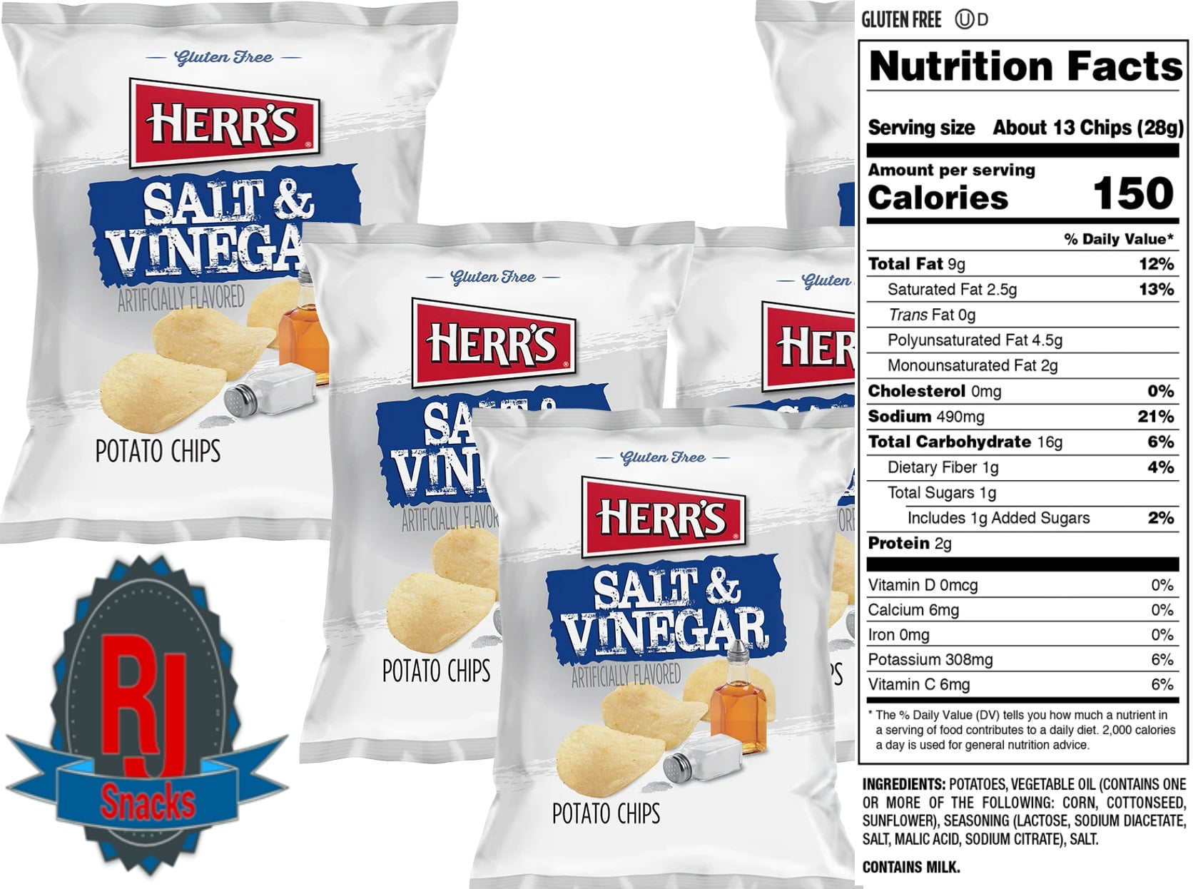 Herr`s Salt & Vinegar Potato Chips 1 oz Pack of 24 (Curated by RJ Snacks)