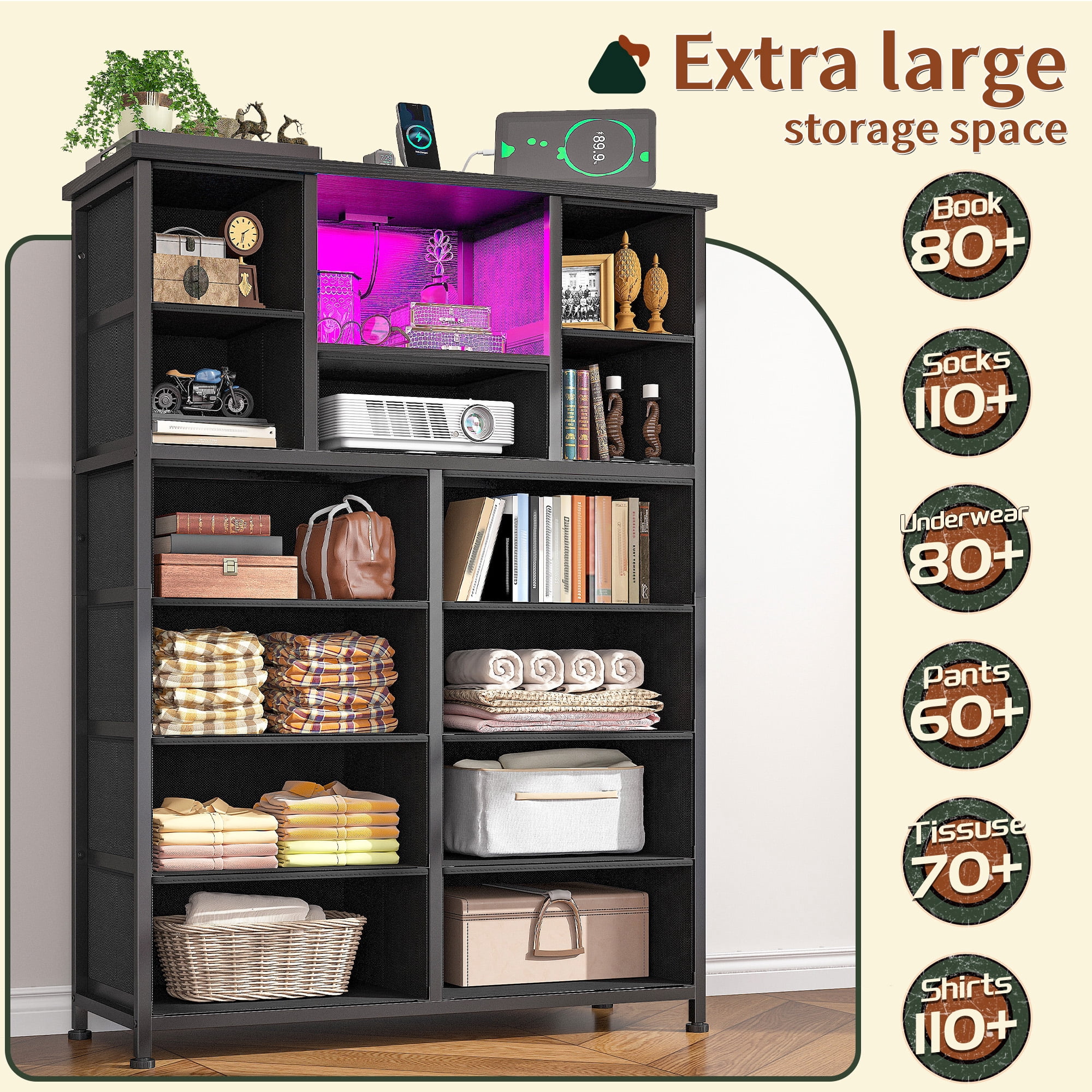 Black Dresser for Bedroom with 13 Fabric Drawers Tall Dresser with LED Light & Charging Station, Rustic Brown