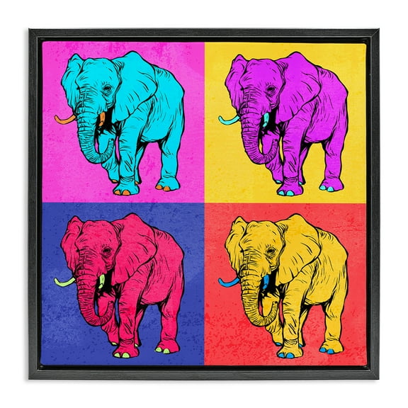 Stupell Industries Bold Pop Elephants Animals Painting Black Floater Framed Canvas Art Print Wall Art, 18 x 18
