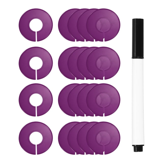 Divisores de Ropa Uxcell, Paquete de 20 Divisores Redondos para Percheros, Divisores de Tamaño para Ropa con Etiquetas en Blanco y Marcador, Morado