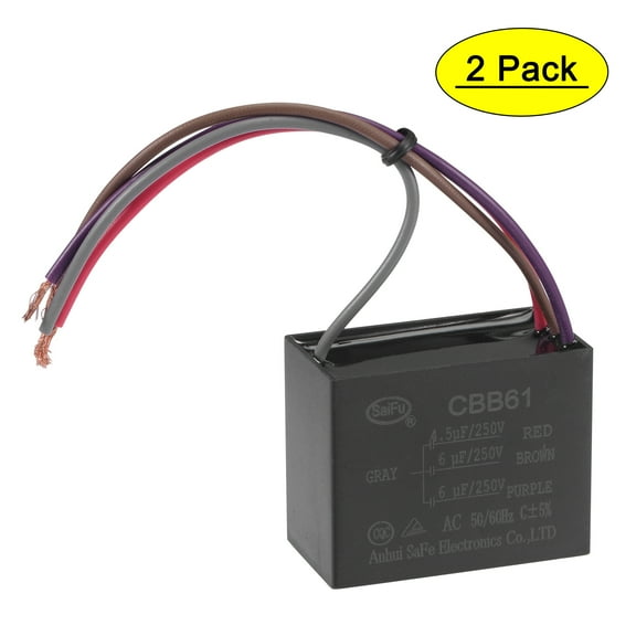 Uxcell 4.5/6/6uF 250V AC 4 Wires CBB61 Ceiling Fan Capacitors 2 Pack