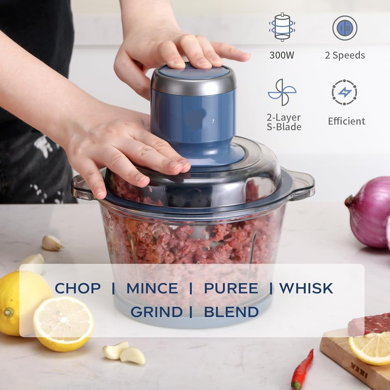 Food Processor,Electric Food Chopper with 7-Cup (1.7L) Glass Bowl, 4 Bi-Level Blades for Chopping,Grinding,Mincing,Whisking,Meal Prep,300W,Blue