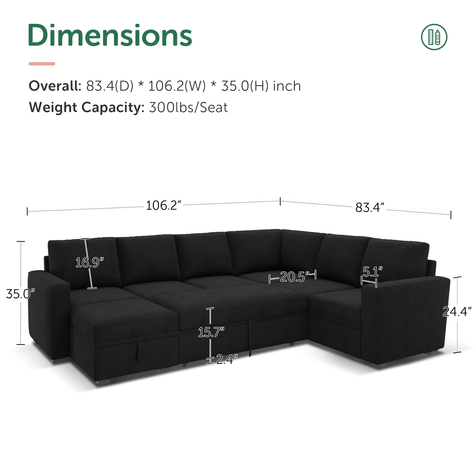 Marrber Modular Sleeper Sectional Sofa Couch Pull Out Couch for Living Room, Black