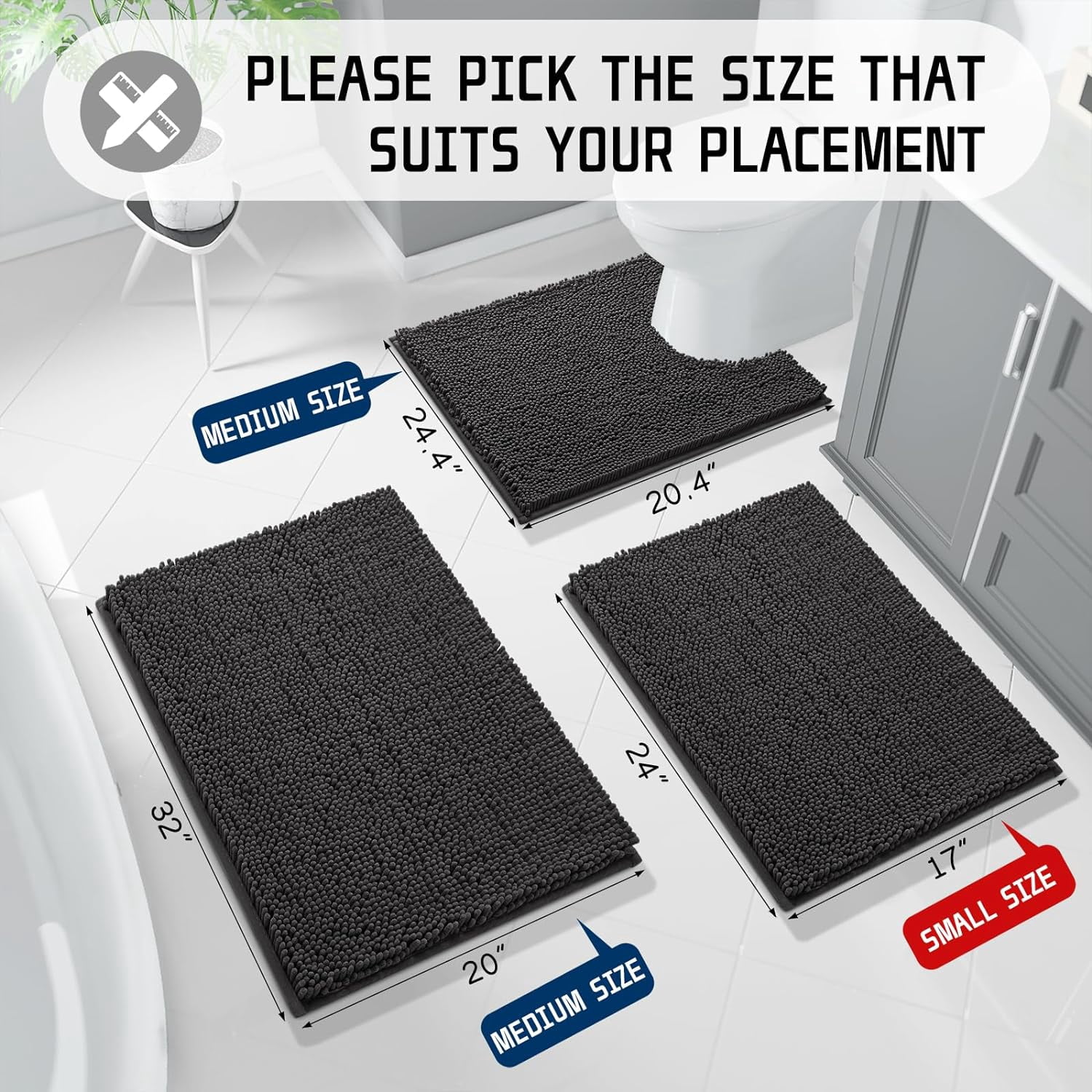 Chenille Bathroom Rug, 24x17, Extra Soft Absorbent Bath Rugs, Non-Slip, Bath Mats for Bathroom Floor, Water Absorbent, Machine Washable, Plush Bathroom Mat for Tub and Shower, Black