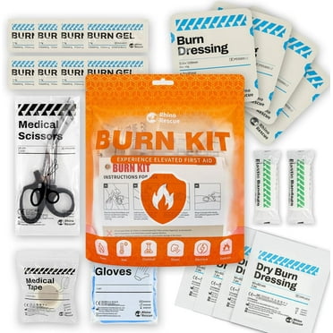 RHINO RESCUE First Aid Burn Kit - 4x4" Dressings, Gel Packets, Cooling Pads, Bandage, Gloves, Scissors