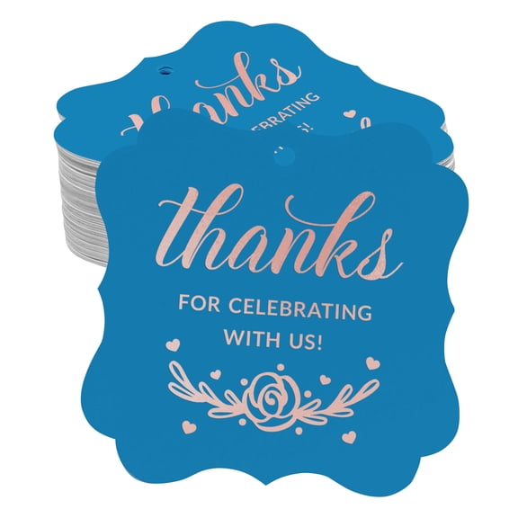 Inkdotpot Hang Tags Thanks For Celebrating With Us Bridal Shower-Baby Shower-Retirement-Wedding-Birthday Favor Bracket Shape Gift Tags Real Rose Gold Foil Bonbonniere Tag Pack Of 50