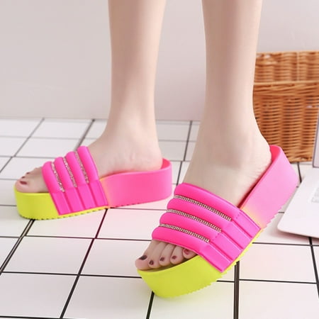 

Summer One Word Drag Flash Drill Loose High Bottom Non Slip Outer Wear Thick Bottom Sandals And Slippers