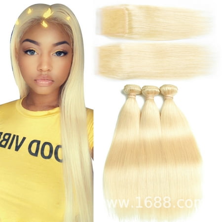 Allrun 613 Blonde Virgin Hair Bundles With Closure 4*4 Lace Size,Blonde Bundles Brazilian Hair Extensions,100% Human Hair Weave, 20