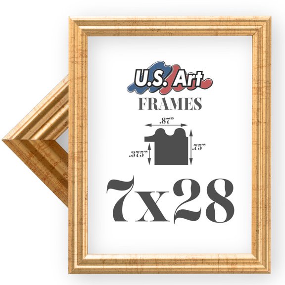 US Art Frames 7x28 Traditional Style Antique Gold Thin .75 Inch Wide, Solid Wood, Wall Decor Picture Poster Photo Frame