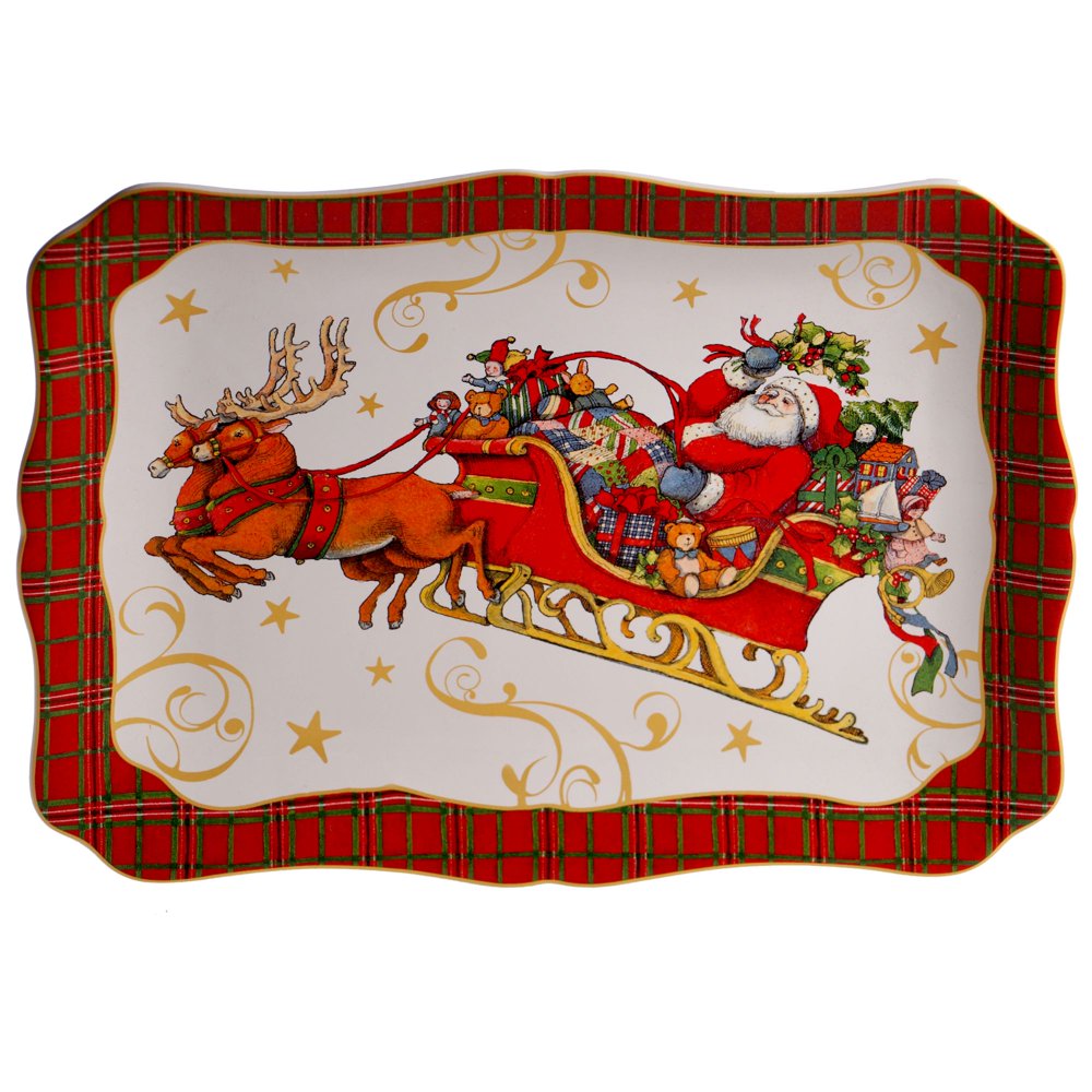 Red and White Vintage Santa in Sleigh Christmas Rectangular Platter 16