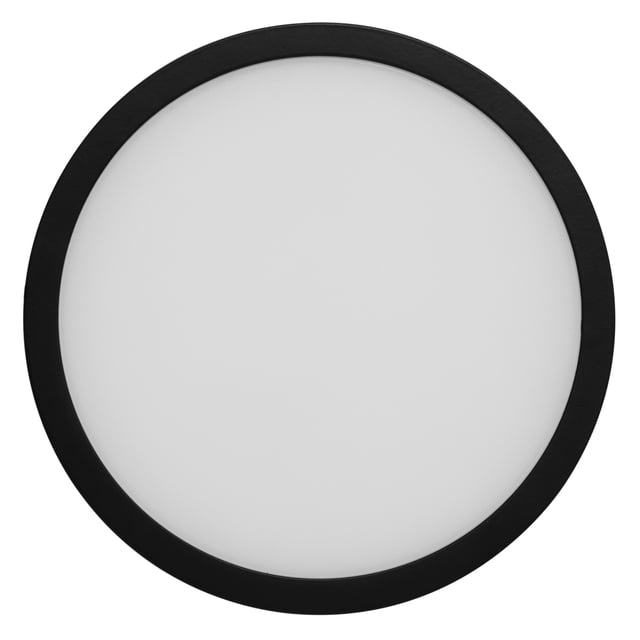 lámpara led para techo color negro 15 w luz calida (3000k) de sobreponer moderna ahorradora illux tl-2815.n30 vista cenital de luminaria circular slim con aro negro de aluminio y difusor blanco de policarbonato; 15W 3000K para iluminación general en salas, pasillos y cocinas; a menudo usada también para iluminar áreas de trabajo pequeñas.