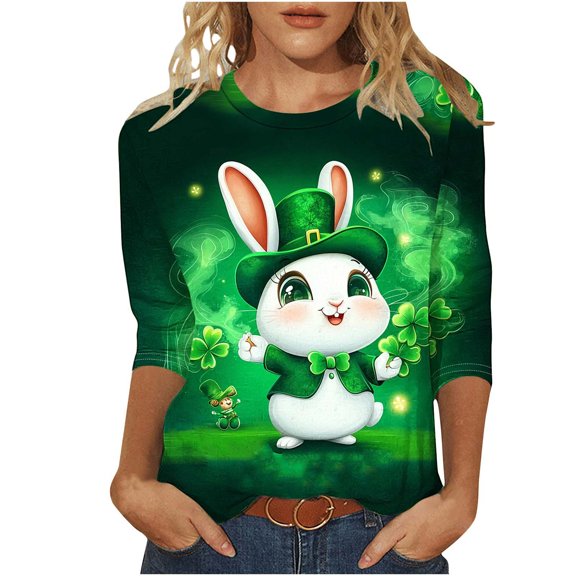 Womens St Patricks Day Shirt Cute Green Graphic Tee Crew Neck 3/4 Sleeve Cotton T Shirts Rabbit Print Top Irish Festival Outfit