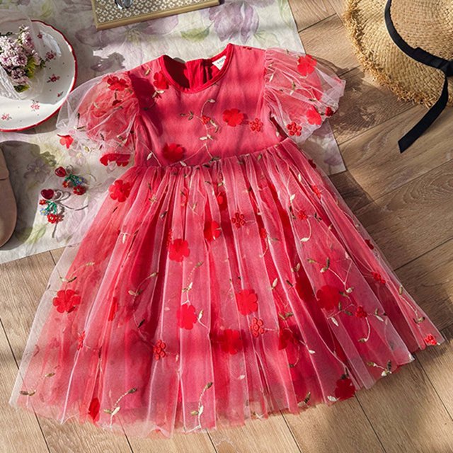 WEAIXIMIUNG Robe Chic pour Filles Robe pour Tout-Petites à Manches Courtes Robe Princesse Brodée Robe de Danse Fête Robes Florales Vêtements 100