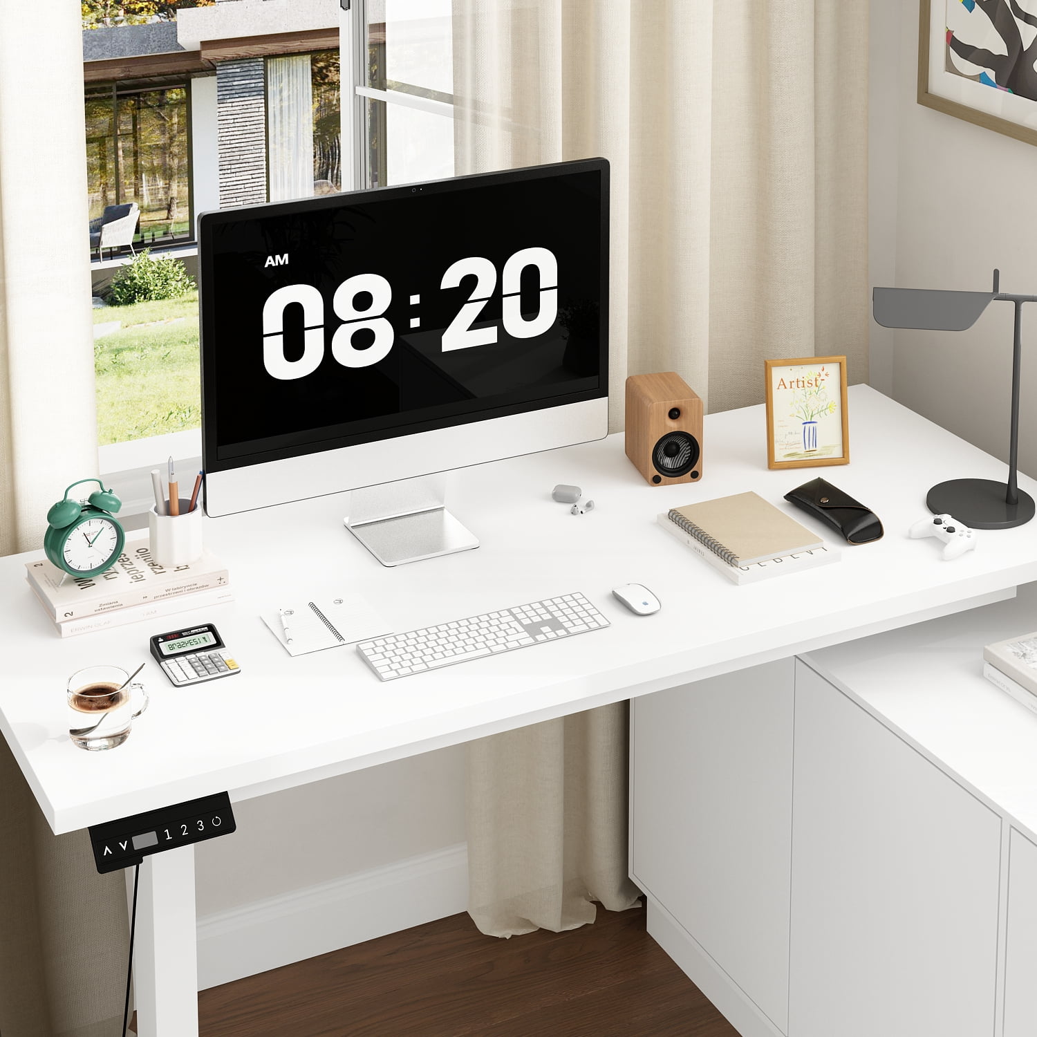 KULAGAGA L Shaped Standing Desk Height Adjustable, 54.3" W Electric Sit Stand Desk with Drawers & Storage Cabinet, Reversible Home Office Table Corner Computer Workstation, White (29.5"-44.5" H)