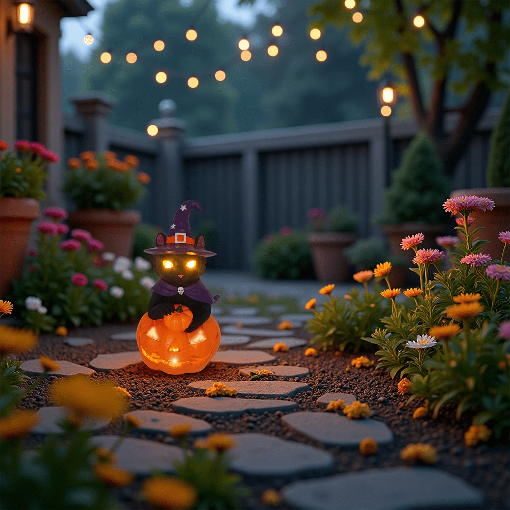 Halloween Decorations Solar Spooky Lights Outdoor Black Cat Pumpkin Figurine Light Garden Statue Decor for Outside Patio Front Porch Yard, Home Decor Gifts for Halloween