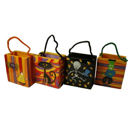 Set of 4 Spooky Skeleton Cat and Frankenstein Ceramic Halloween Candy Bags 4.75"
