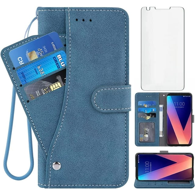 Compatible with LG V35 ThinQ V30 Plus Wallet Case and Tempered Glass Screen Protector Flip Cover Credit Card Holder