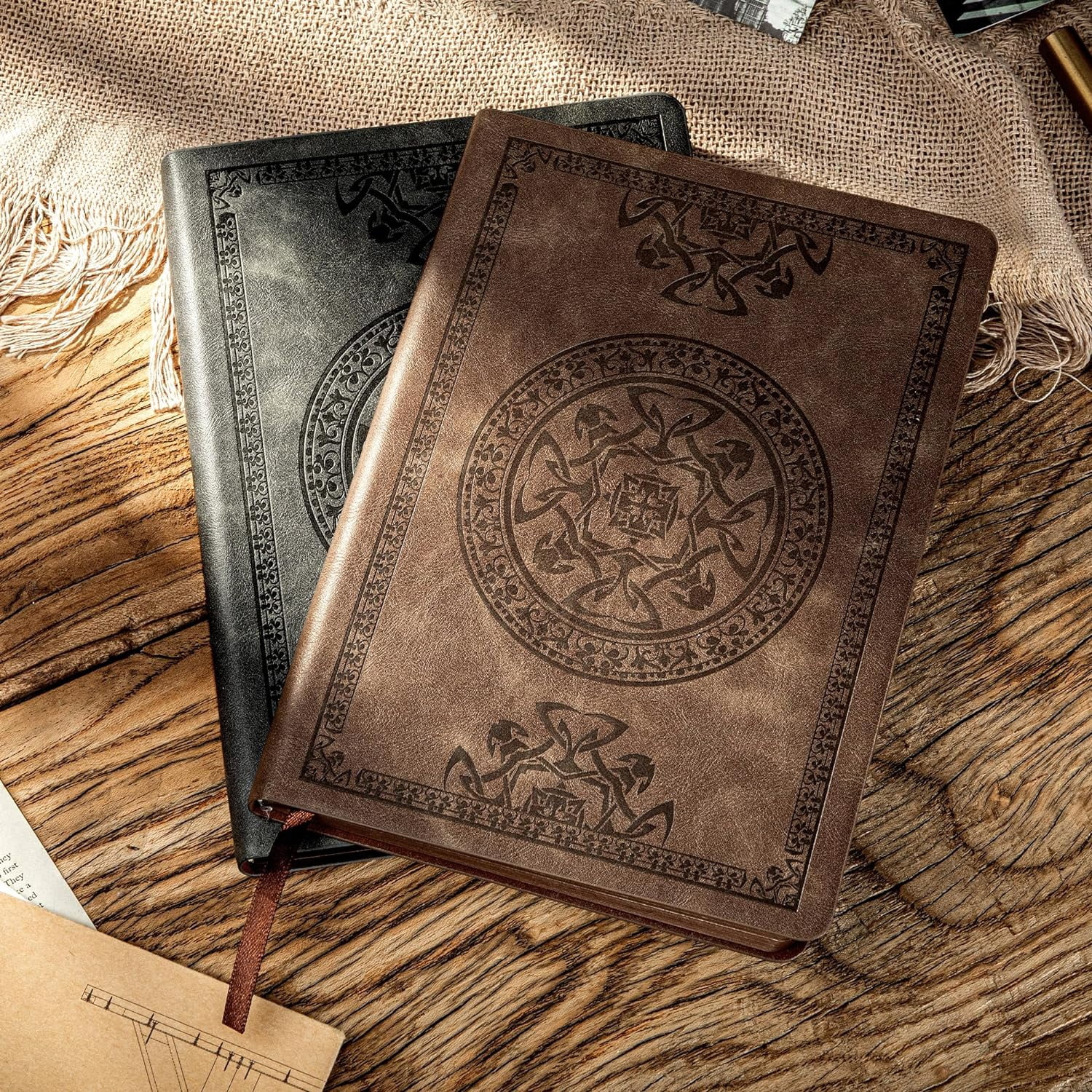 2 Pack Leather Vintage Journal for Men Soft Cover Lined Pages Notebook 180 Lay Flat for Writing Travel Diary, 5.7'' x 8.3'', Black, Dark Brown