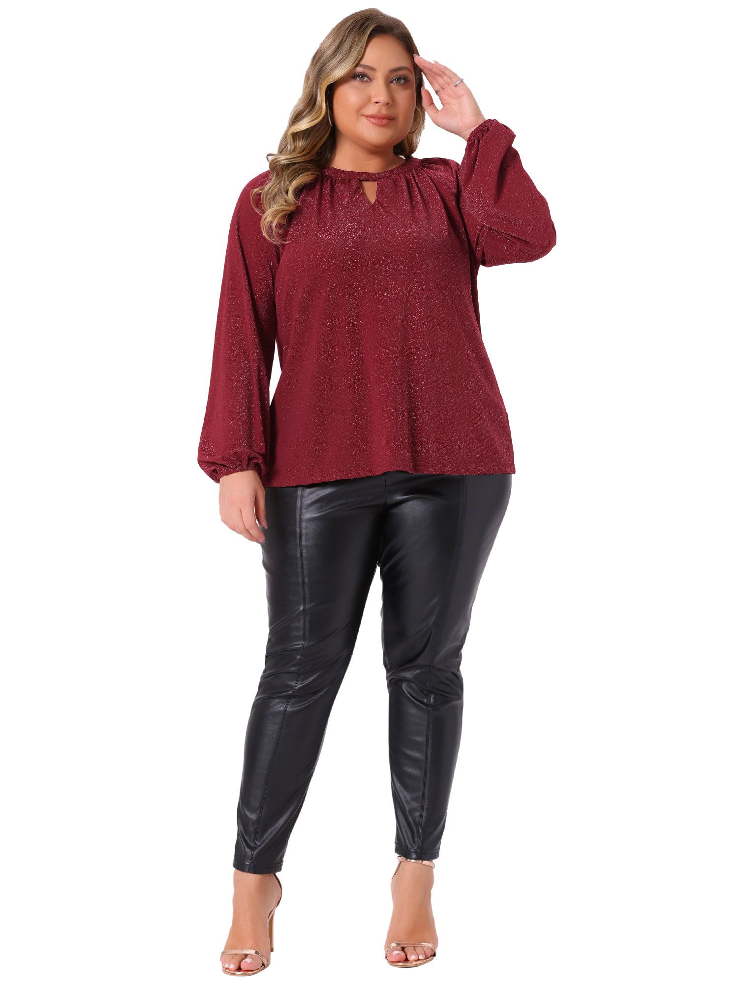 DARING DIVA Women's Plus Glitter Keyhole V Neck Blouses 2X Burgundy