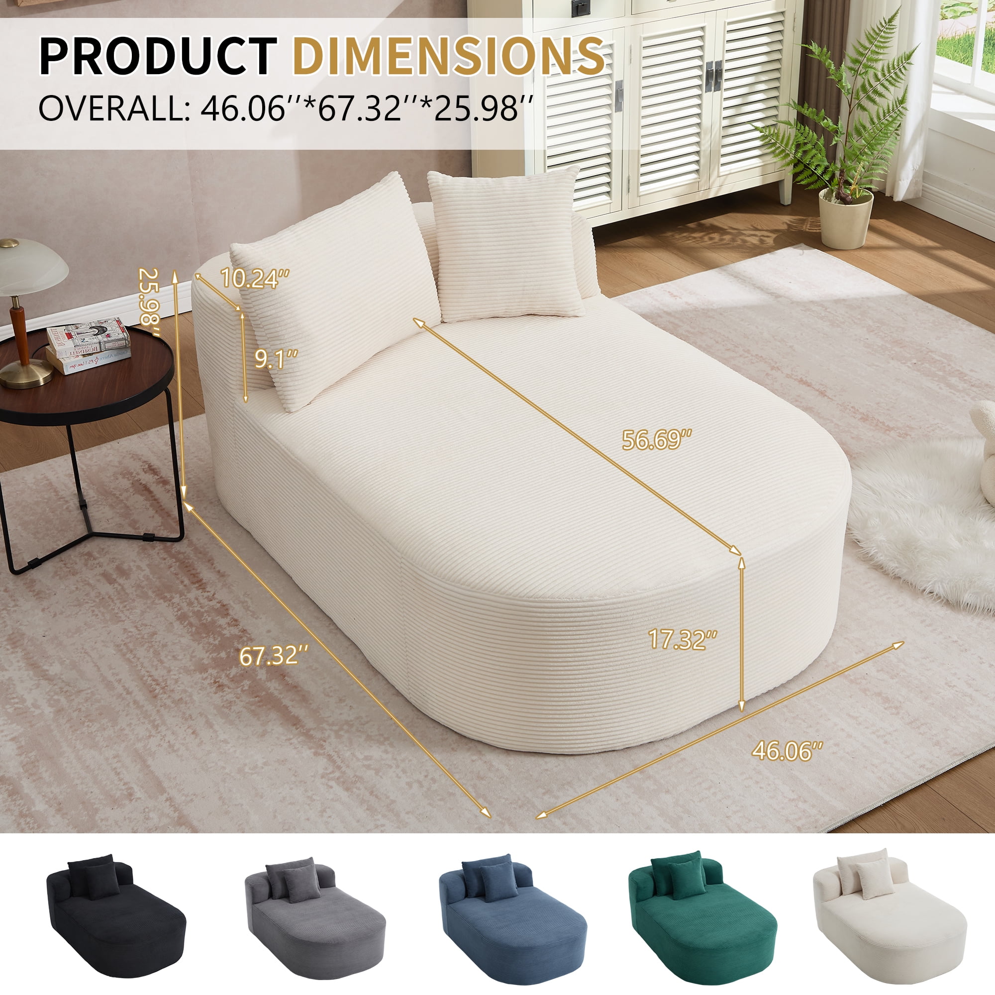Gewnee Oversized 56.7-inch Deep Seat Corduroy Sofa Bed, No Assembly Required, Perfect for Living Room and Lounge，Beige