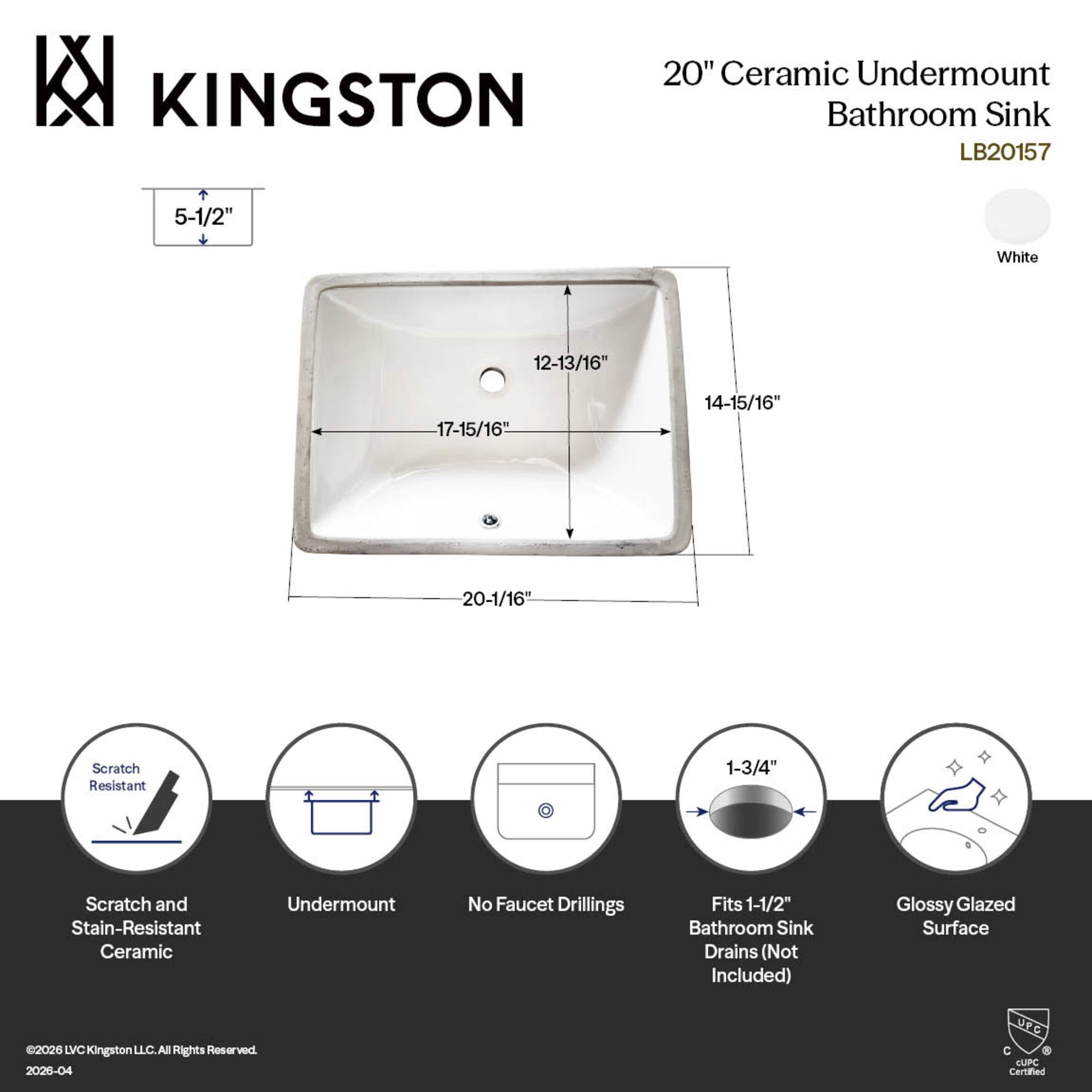 Kingston Brass LB20157 Grotto 20-Inch Ceramic Rectangular Undermount Bathroom Sink in White
