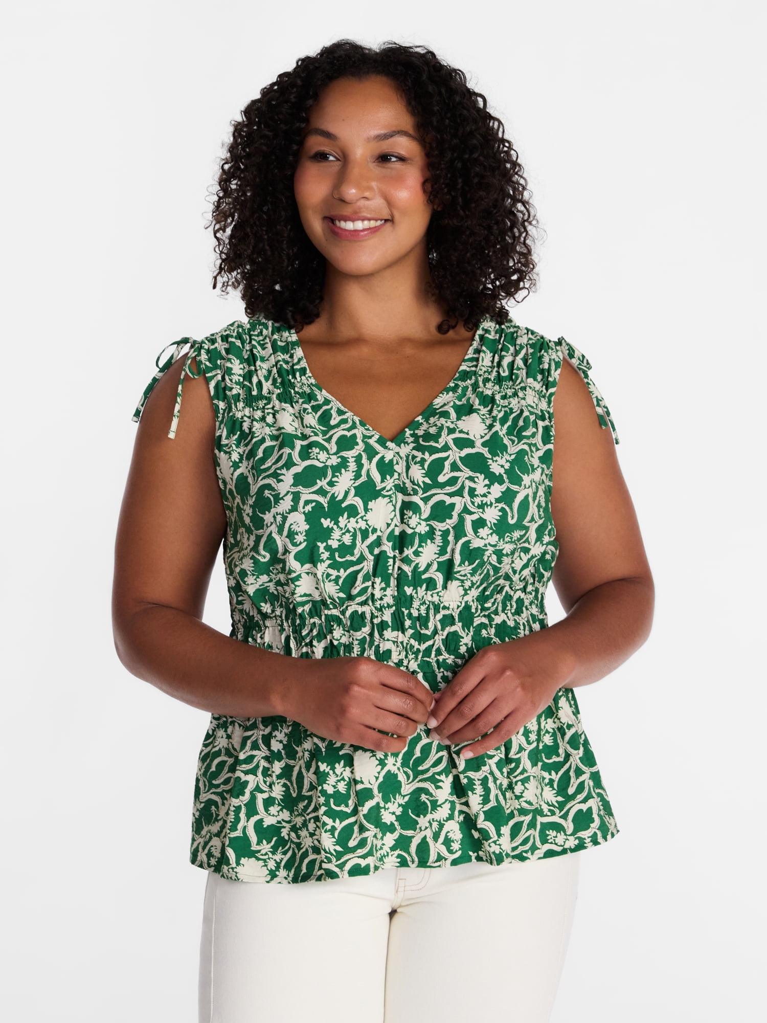 Time and Tru Women's Ruched Tie Shoulder Top, Sizes XS-XXXL