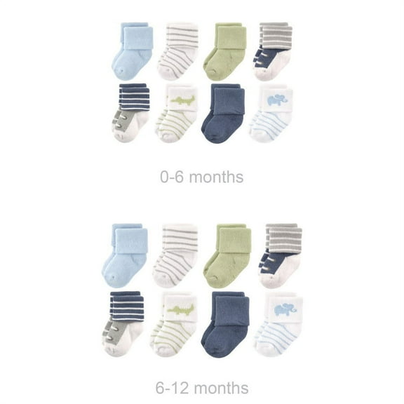 Luvable Friends Infant Boy Grow with Me Cotton Terry Socks, Blue Safari, 0-6 and 6-12 Months