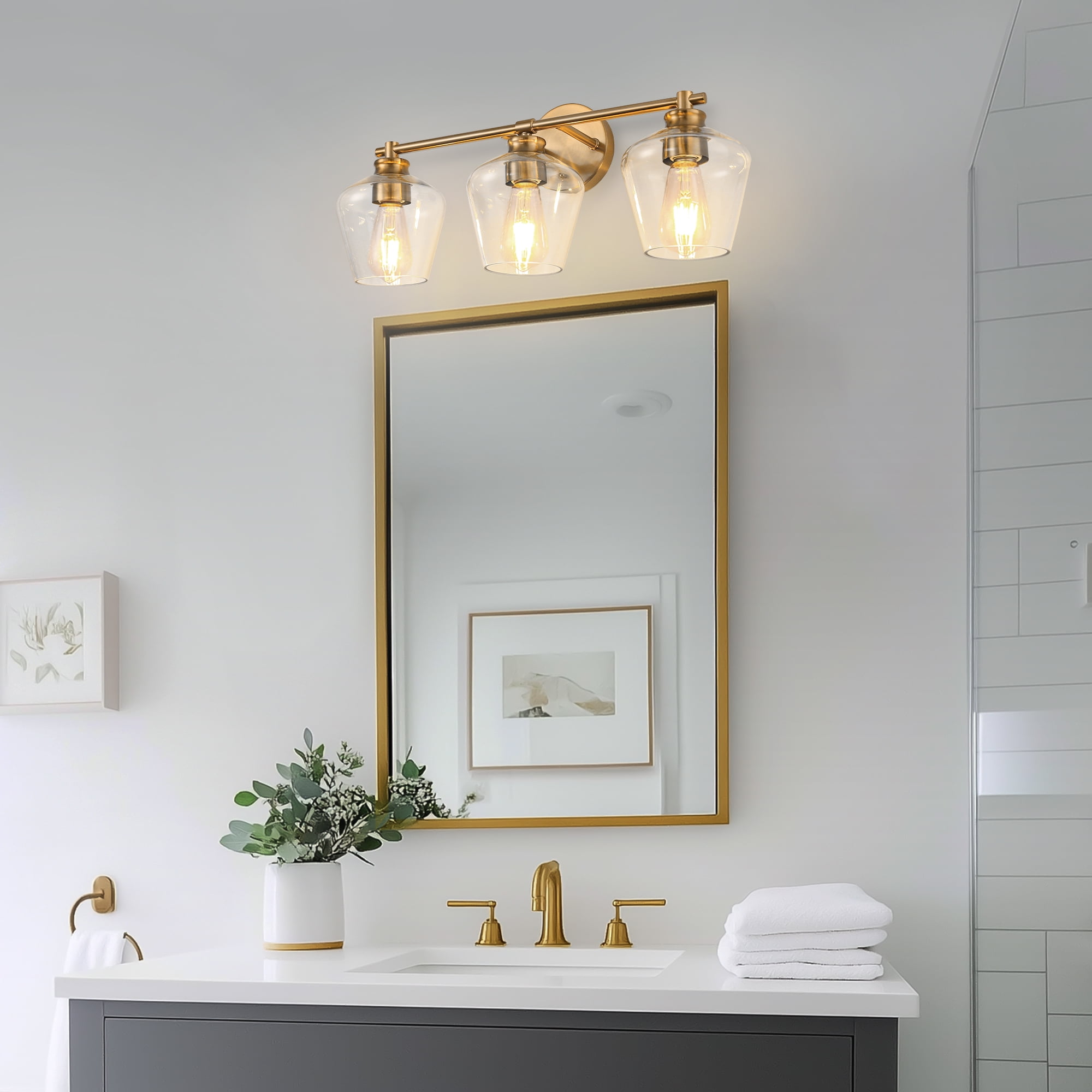 YANSUN 22 in Gold 3-Light Bathroom Vanity Light, Modern Lighting Over Mirror with Clear Glass Shade for Bathroom, Powder Room, Vanity Table