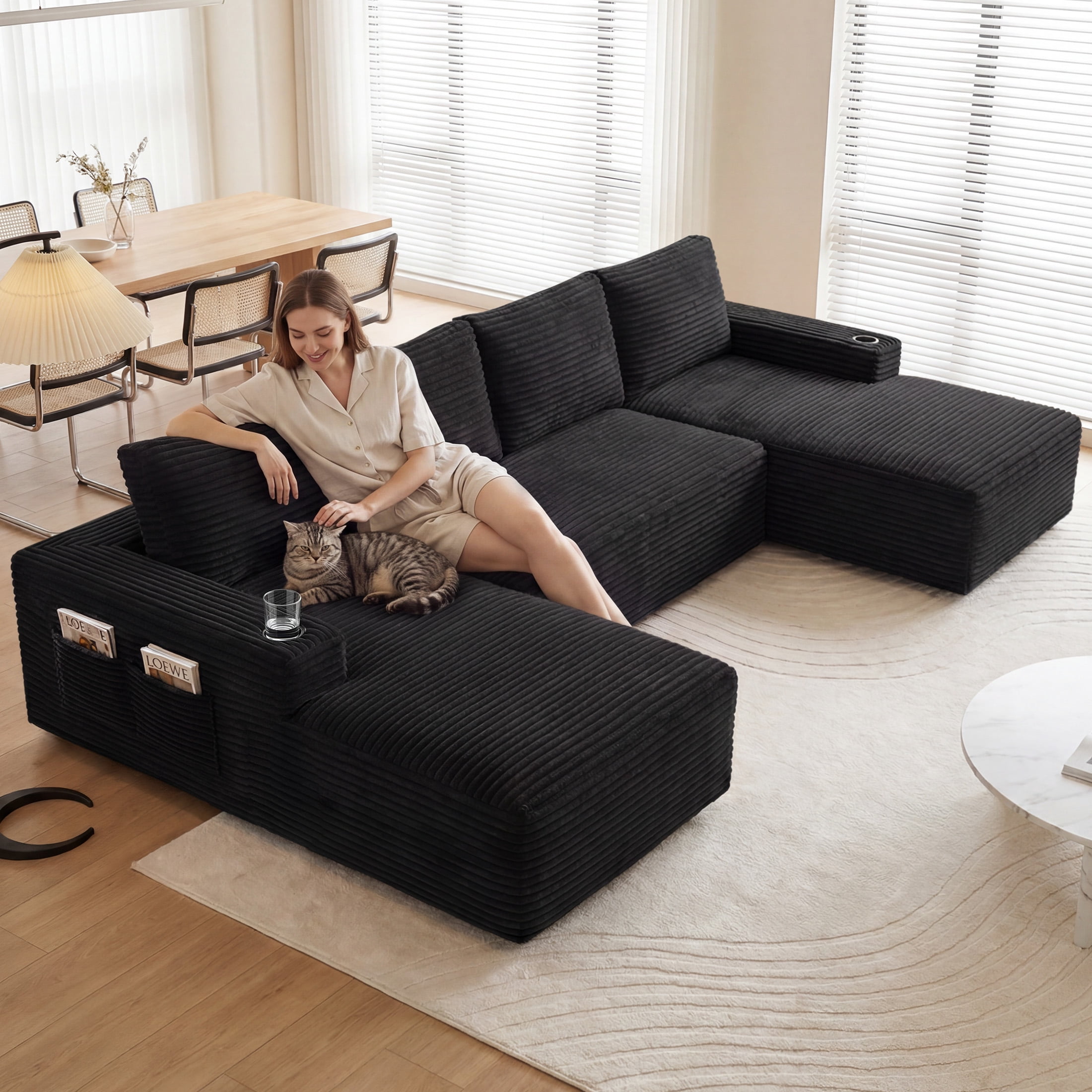 Aenkyo 133 in U-Shaped Cloud Corduroy Sectional Sofa with Cup Holders for Living Room, Black