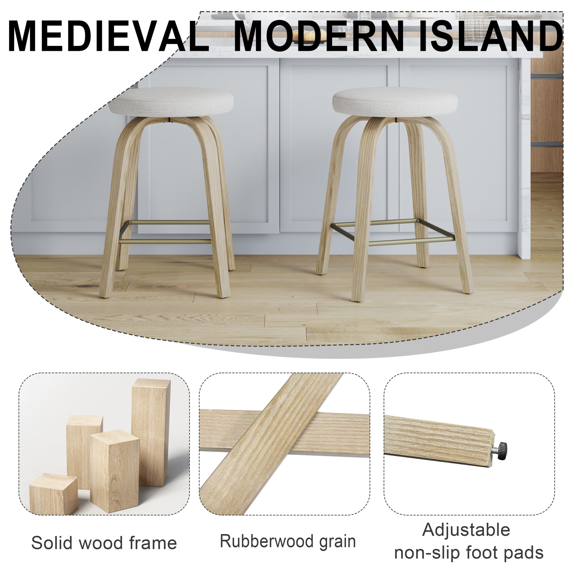 Noble House Florin 26" Swivel Backless Counter Height Bar Stools with Upholstered Seat & Bentwood Legs, Beige, Set of 2