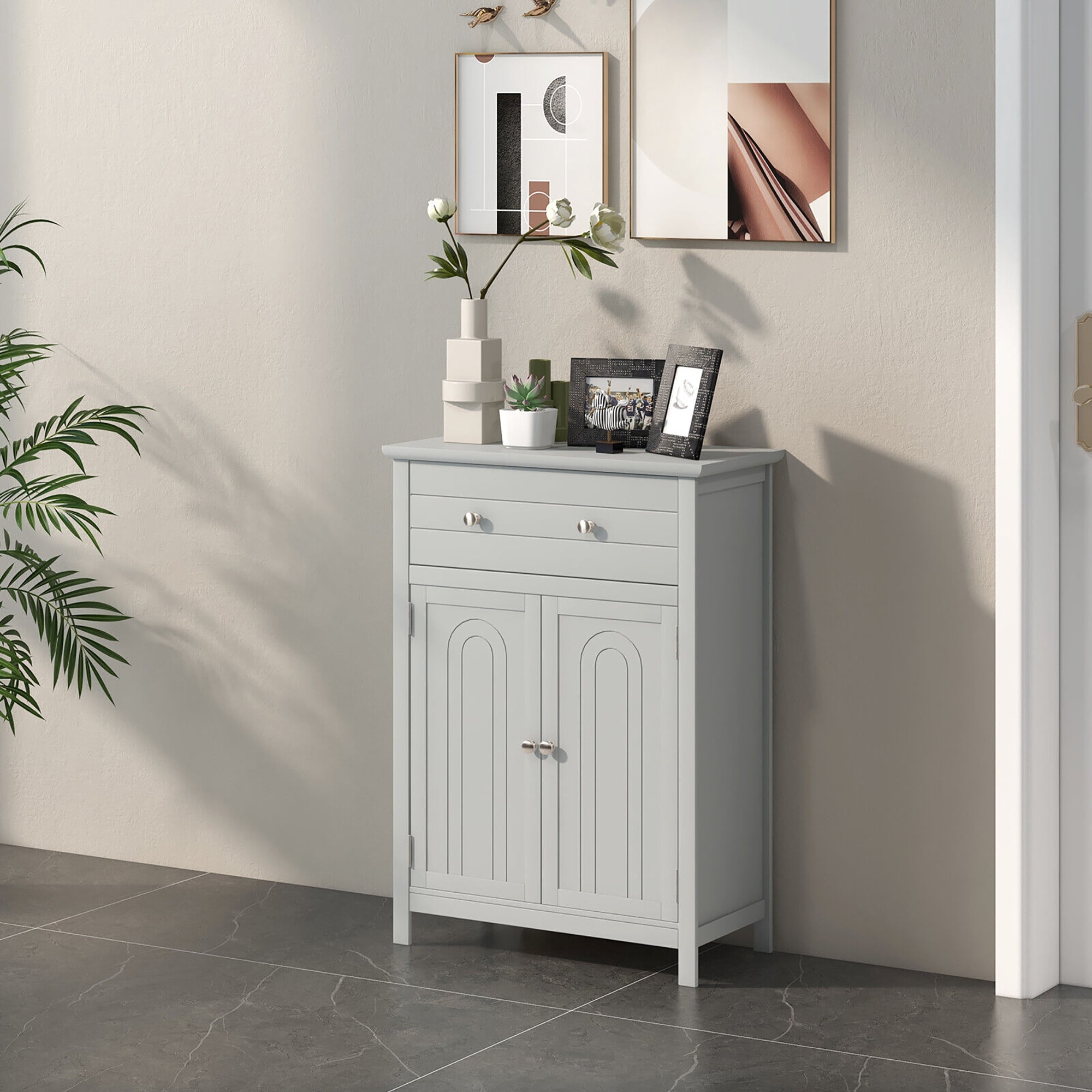 Gymax Bathroom Floor Cabinet Wooden Storage Organizer with Drawer & Doors Blcak