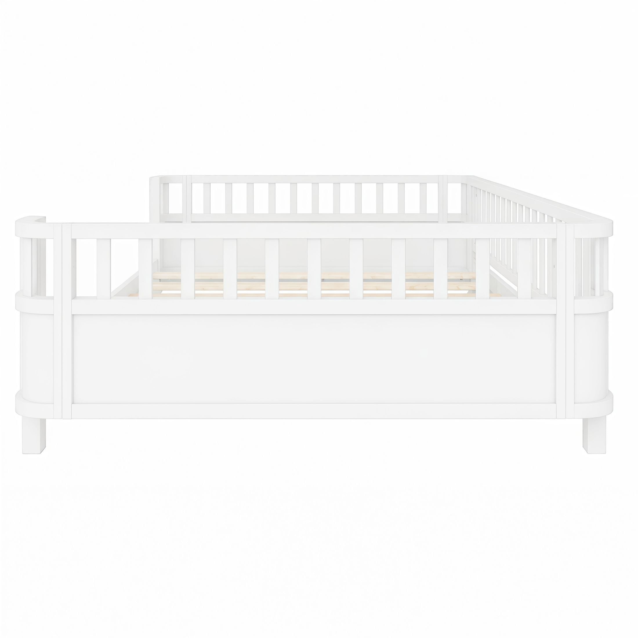 GDF Studio Darpel Full Size Wooden Montessori Bed Frame with Guard Rails, Pine Wood Low-Profile Floor Kids Bed, White