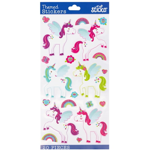 Sticko Solid Classic Multicolor Unicorns Everyday Plastic Stickers, 20 Stickers